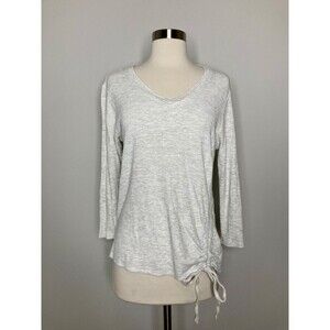 Democracy Top Women Large Light Gray Ribbed  V-neck 3/4 Sleeve Drawstring Tie